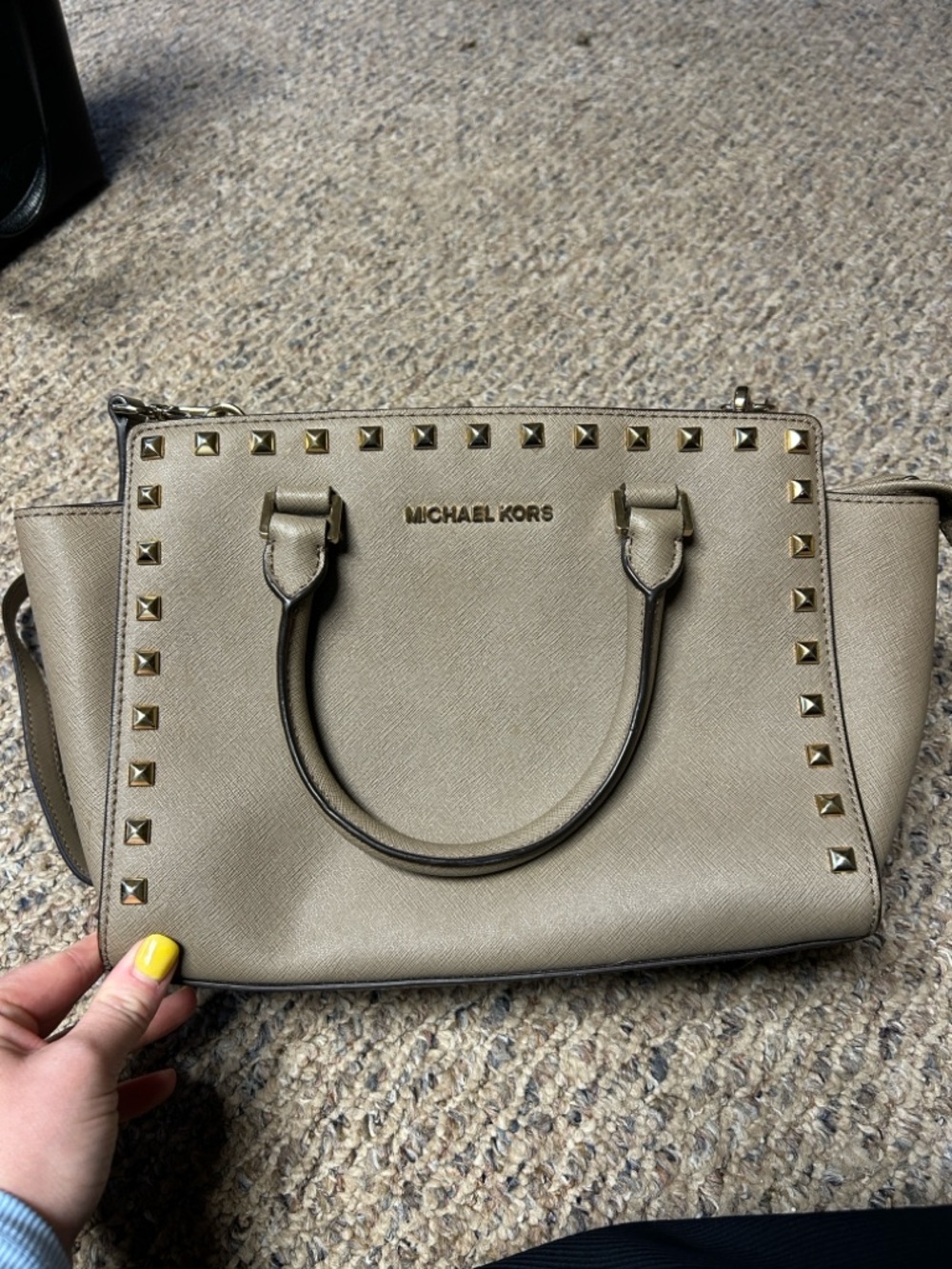 Michael Kors Taupe Studded Saffiano Leather Crossbody